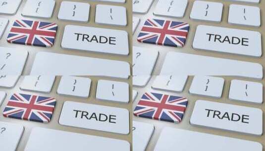 按钮3D动画上的英国国旗和贸易文本高清在线视频素材下载