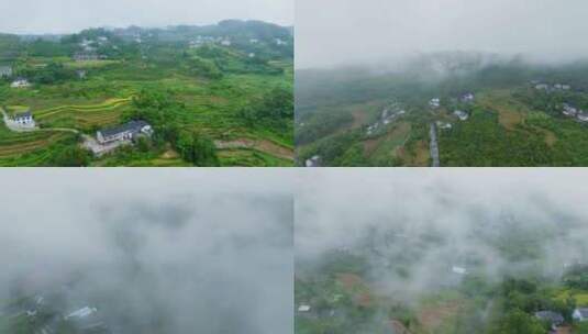 多镜头航拍4K雾气笼罩的南方乡村穿云绿色高清在线视频素材下载