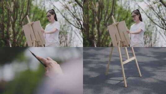 森林画画 森林写生 女孩在公园画画写生高清在线视频素材下载