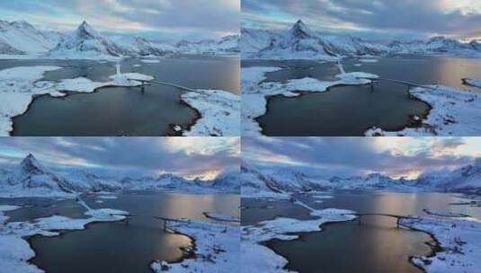 挪威罗弗敦群岛北极圈雷纳冬季雪景高空航拍高清在线视频素材下载