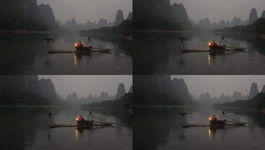 桂林漓江渔夫捕鱼渔火高清在线视频素材下载