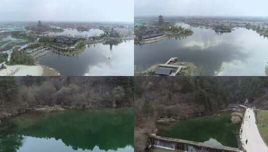 鄠邑区 户县城市 渼陂湖 水坝 傍晚 4k航拍高清在线视频素材下载