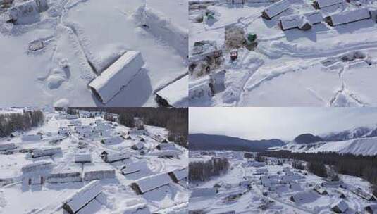 航拍新疆禾木雪景森林雪地小木屋禾木桥雪山高清在线视频素材下载