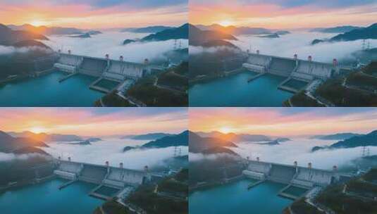 航拍云雾缭绕下的长江三峡大坝日出壮丽延时高清在线视频素材下载