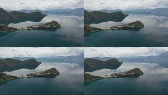 云南泸沽湖里格半岛自然风光航拍高清在线视频素材下载