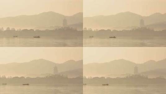 杭州西湖清晨雷峰塔山色空蒙唯美空镜高清在线视频素材下载