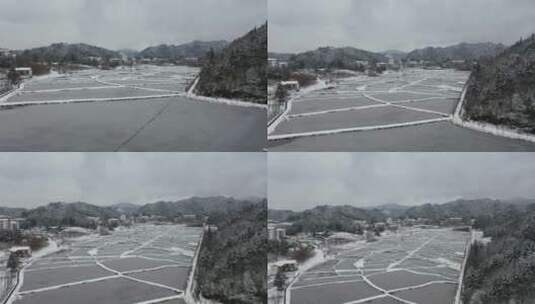 航拍冬日重庆市冷水镇鱼塘雪景4k高清在线视频素材下载