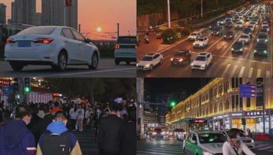 繁华城市夜晚街道路口车流人流高清在线视频素材下载