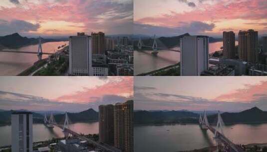 航拍宜昌城市建筑夷陵长江大桥晚霞高清在线视频素材下载
