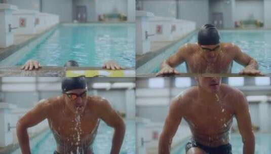 运动员奋力一跳爬上泳池高清在线视频素材下载