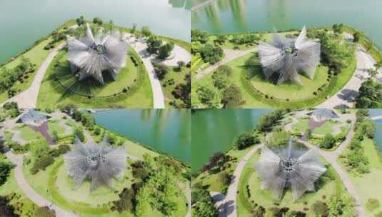 湖南省长沙市梅溪湖节庆岛长沙之星雕塑航拍高清在线视频素材下载