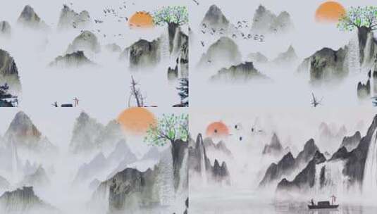 中国风水墨风景朝阳升起2K高清在线视频素材下载