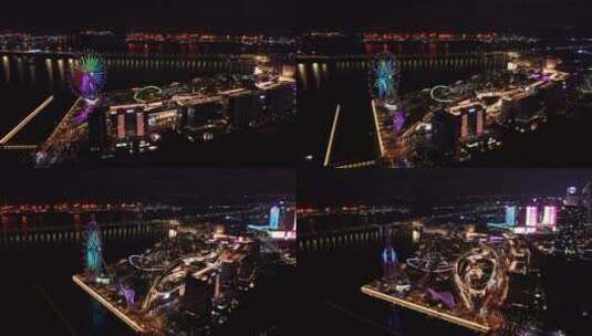 深圳宝安欢乐港湾摩天轮夜景全景左环绕高清在线视频素材下载