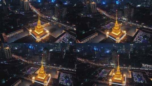 上海展览中心夜景航拍高清在线视频素材下载