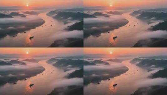 航拍长江云雾缭绕的日出壮丽山河云海延时高清在线视频素材下载