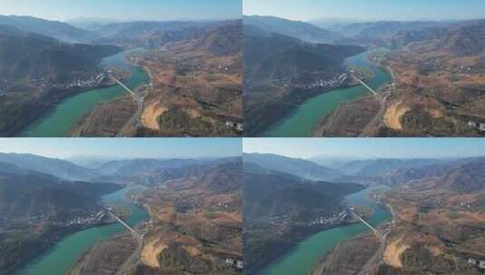 郧西金钱河最美河流山川河流与村庄湖光山色高清在线视频素材下载