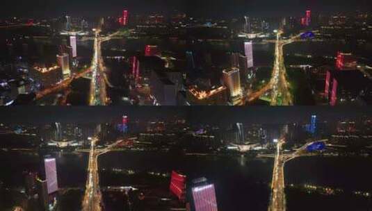 沈阳浑河大桥盛京大剧院夜景航拍高清在线视频素材下载
