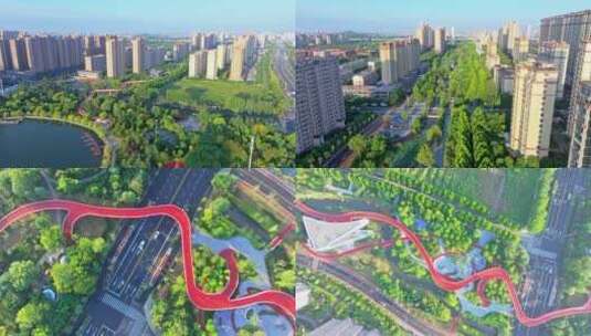 航拍枣庄新城天桥凤凰造型过街人行道高清在线视频素材下载