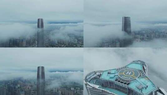 低空云层中的武汉最高楼武汉绿地中心综合高清在线视频素材下载