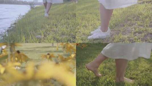 女孩脚步，光脚走在草地上高清在线视频素材下载