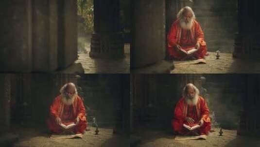 印度老和尚在古庙看书的慢动作肖像。高清在线视频素材下载