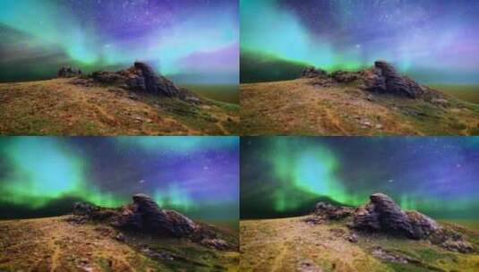 绿色极光北极光在山上的星空3D动画高清在线视频素材下载