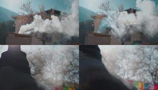 春季云南尼西藏族村庄煨桑焚香烟雾弥漫高清在线视频素材下载
