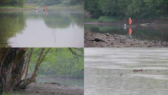 雨季湿地公园环卫工人，划船清理水上垃圾高清在线视频素材下载