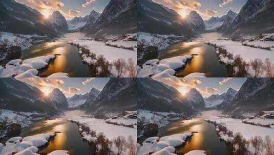 雪山河谷日落美景高清在线视频素材下载