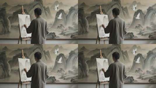 男子室内画中式山水风景高清在线视频素材下载