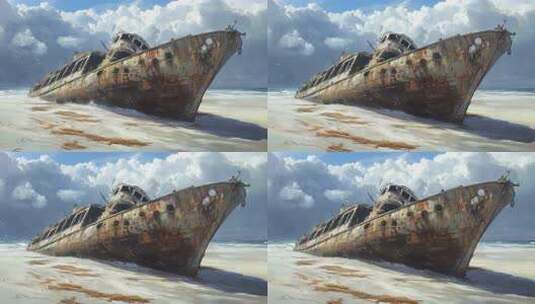 海滩上的废弃船骸高清在线视频素材下载