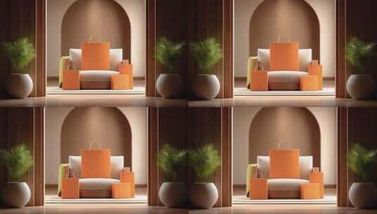 橙色系购物袋与礼品盒的精致陈列高清在线视频素材下载