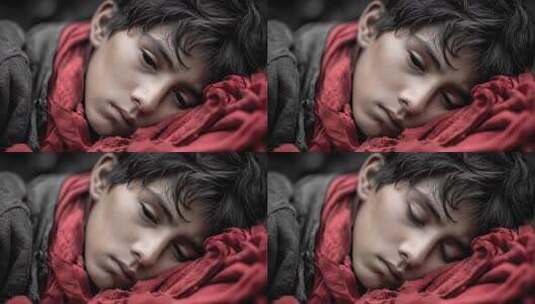 疲惫男孩安睡于红布之上高清在线视频素材下载