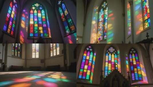 教堂内彩色玻璃窗光影画面高清在线视频素材下载