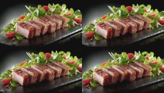 唐朝美食：烤制金黄的猪肉与鲜嫩蔬菜的碰撞高清在线视频素材下载