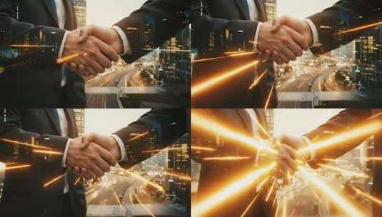商务合作握手震撼城市科技感概念视频高清在线视频素材下载