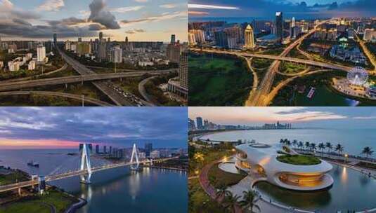 海口城市立交桥及周边建筑夜景航拍高清在线视频素材下载