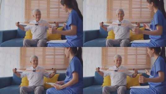 在护士的支持下做物理治疗师的亚洲老人。高清在线视频素材下载