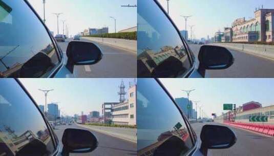城市汽车开车第一视角后视镜风景视频素材高清在线视频素材下载