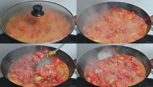 在锅里烹饪小龙虾高清在线视频素材下载