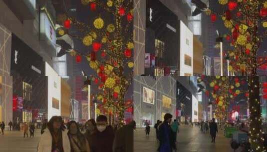 树木新年灯光装饰红灯笼下摇成都IFS步行街高清在线视频素材下载