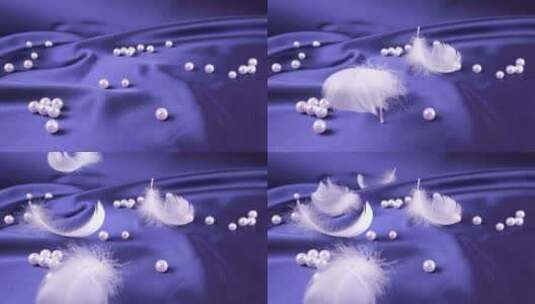 白色的天鹅羽毛落在带珍珠的蓝梅丝上。慢动高清在线视频素材下载