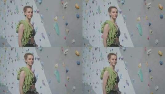 女人，登山者，绳索，人造攀岩墙高清在线视频素材下载
