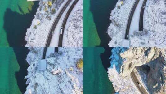 航拍汽车在积雪的道路上行驶高清在线视频素材下载