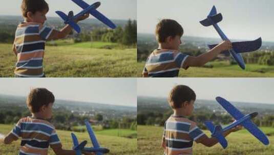 拿着飞机模型在草坪上玩耍的男人高清在线视频素材下载