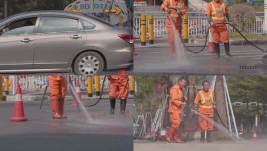 深圳道路旁抽水车洗地的环卫工高清在线视频素材下载