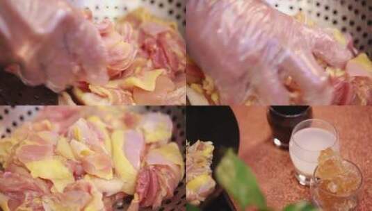 【镜头合集】米酒葱姜腌制鸡肉去腥高清在线视频素材下载