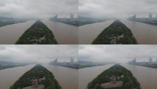湖南长沙湘江橘子洲汛期涨洪水航拍高清在线视频素材下载