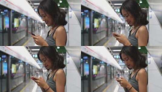 夏天地铁站看手机等车的年轻女孩高清在线视频素材下载