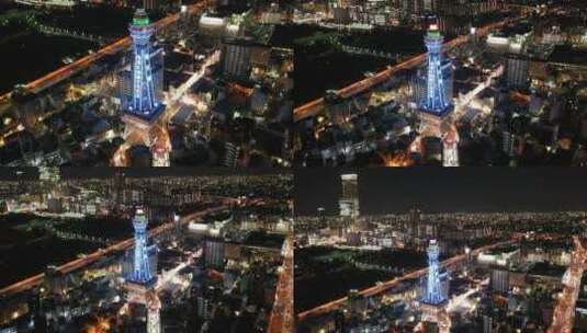 日本大阪阿倍野通天阁都市天际线夜景航拍高清在线视频素材下载